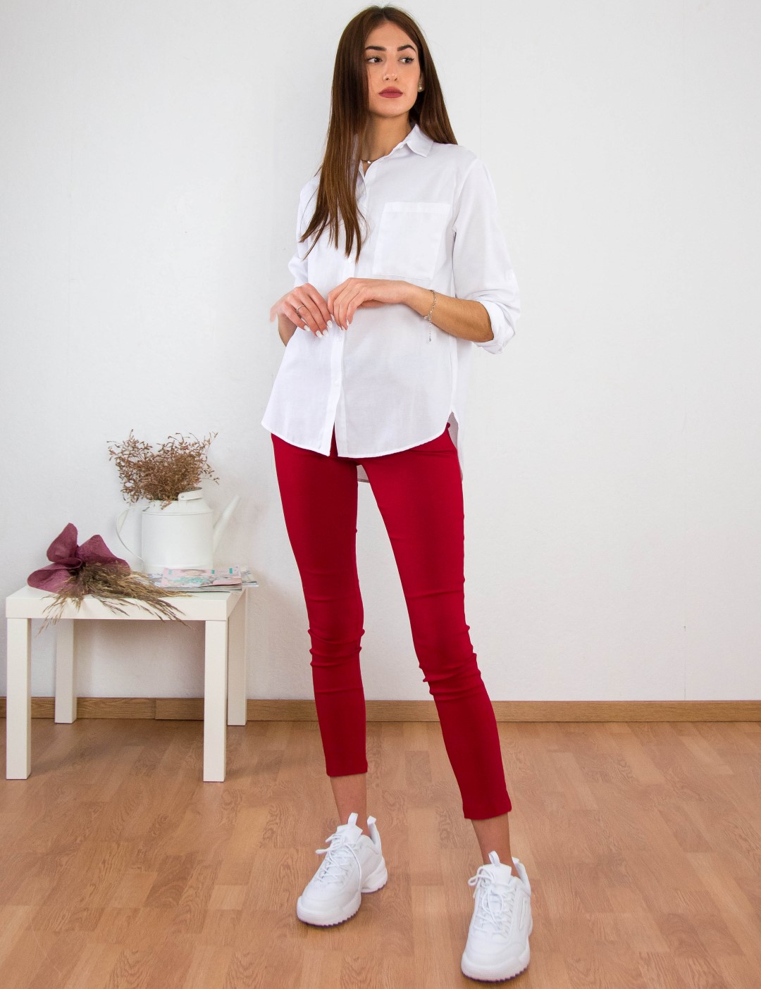 Γυναικείο κόκκινο υφασμάτινο παντελόνι με ζώνη 1461B